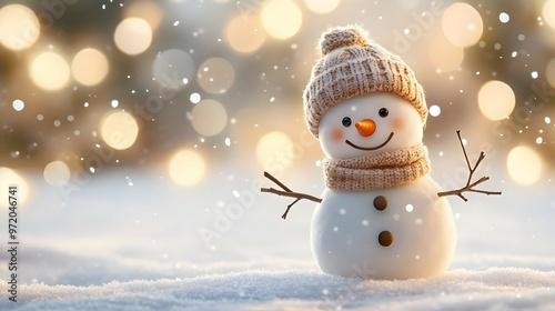 A cheerful snowman with a cozy scarf and hat stands in the snow, surrounded by soft glowing lights and falling snowflakes, creating a festive and magical winter scene