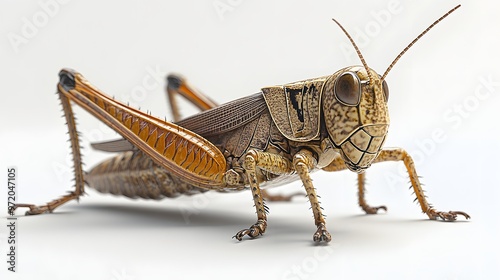 19. A close-up 3D render of a brown grasshopper with textured legs, isolated on a pristine white background photo