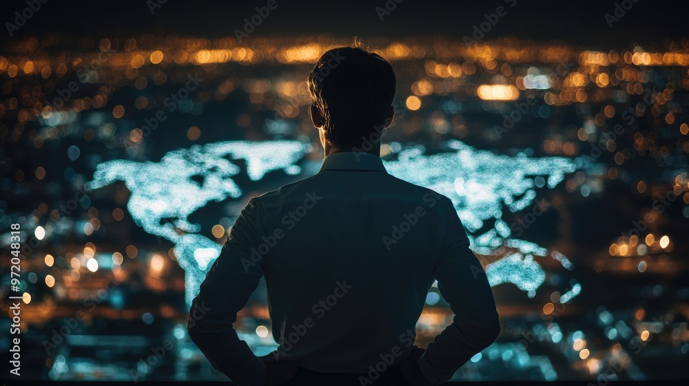 A businessman stands in front of a world map projected onto a window, looking out at a city skyline at night. He contemplates the global landscape. A businessman stands in front of a world map projected onto a window, looking out at a city skyline at night. He contemplates the global landscape.
