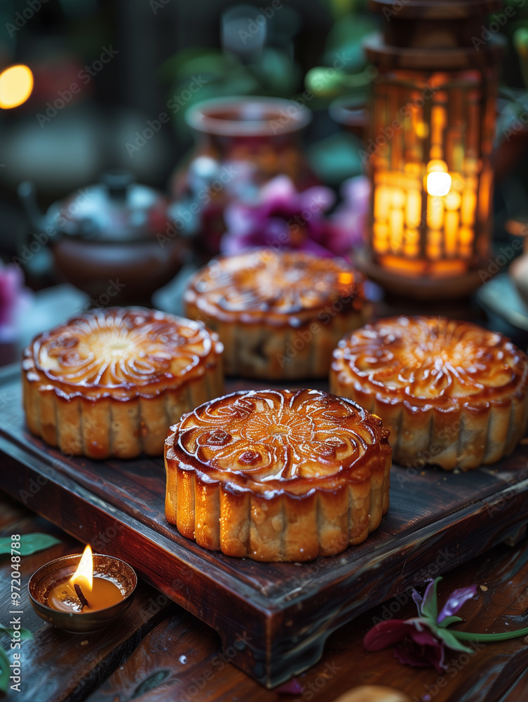 moon cakes with Chinese tea. Mooncake is a traditional Chinese bakery. Often eating on Mid-Autumn Festival or lunar appreciation festival. moon cakes with Chinese tea. Mooncake is a traditional Chinese bakery. Often eating on Mid-Autumn Festival or lunar appreciation festival.