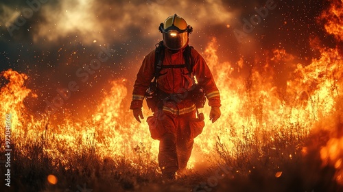 Firefighter walking through flames in a dramatic, fiery landscape.