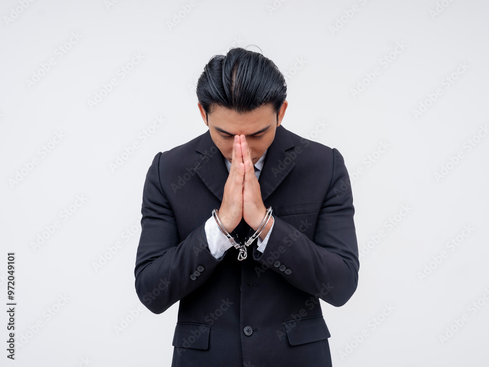 A depressed and humbled young asian business executive realizing his situation, bowing down in regret. Asking for forgiveness. Isolated on a white background.