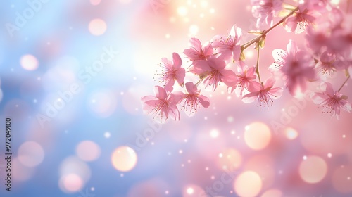 Delicate pink cherry blossoms with a soft, blurred bokeh background.