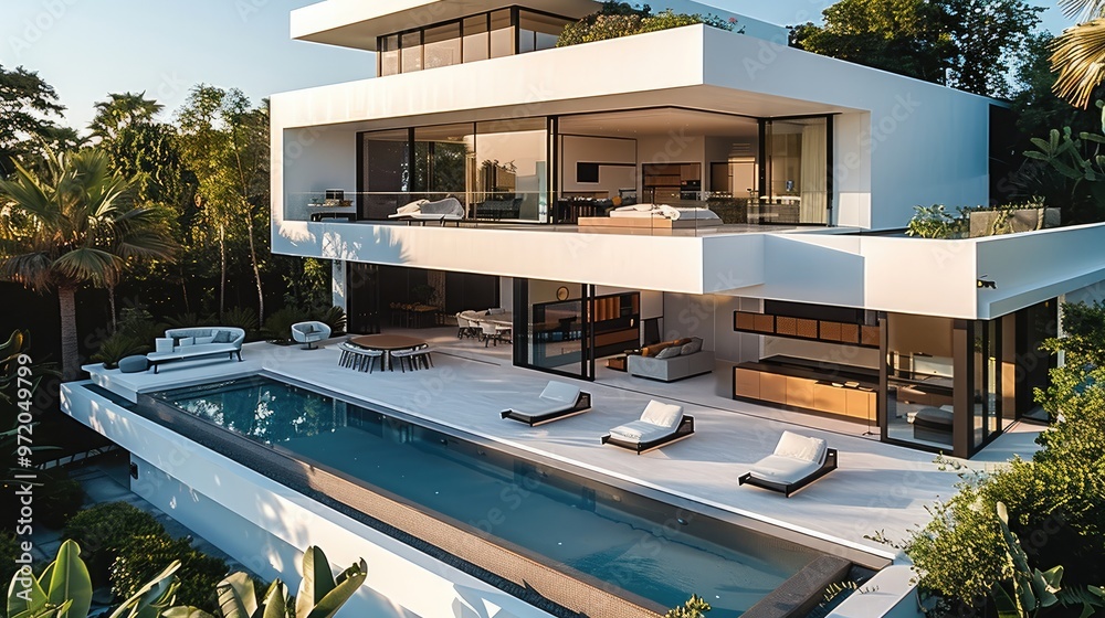 Fototapeta premium High-end modern villa exterior panorama. Generative AI.