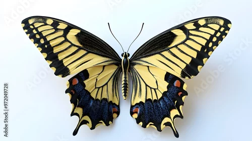 Naklejka 28. A realistic 3D render of a yellow swallowtail butterfly with intricate wing patterns, isolated on a pristine white background