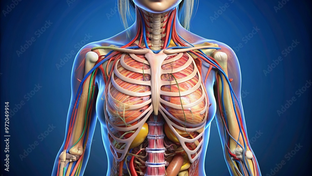 Accurate illustration of the female torso, including internal organs ...