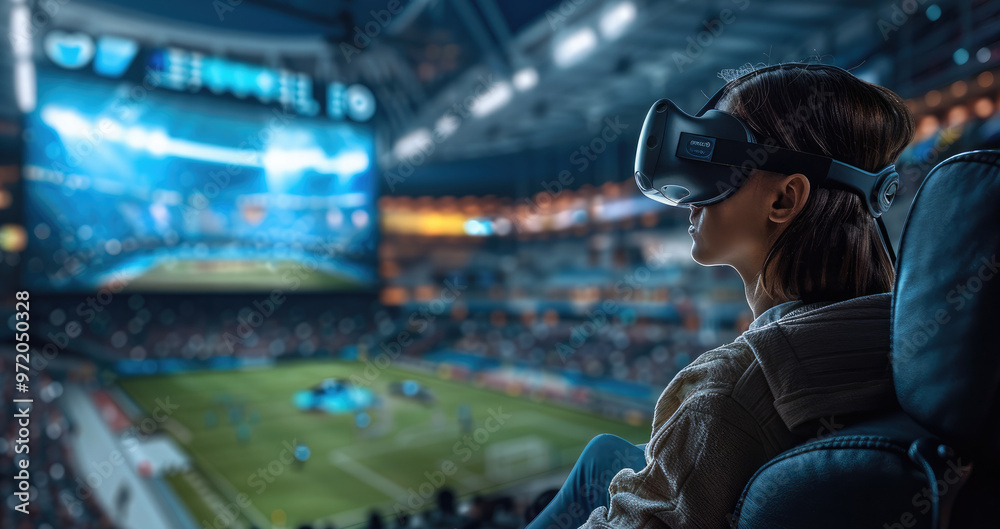One people sitting in armchairs, wearing VR headsets and interacting with the holographic game field that is an outdoor football stadium, A football match is going on in the holographic screen. One people sitting in armchairs, wearing VR headsets and interacting with the holographic game field that is an outdoor football stadium, A football match is going on in the holographic screen.