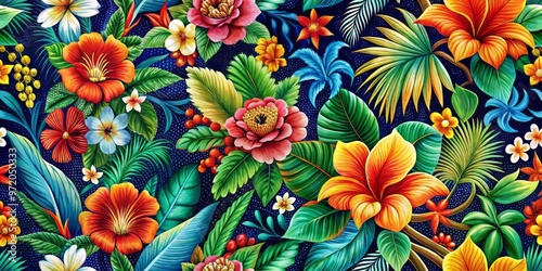 Vibrant tropical flowers, overlapping leaves, and abstract geometric shapes adorn eclectic Indonesian fabric, rich in cultural heritage and subtle nuances in hue.