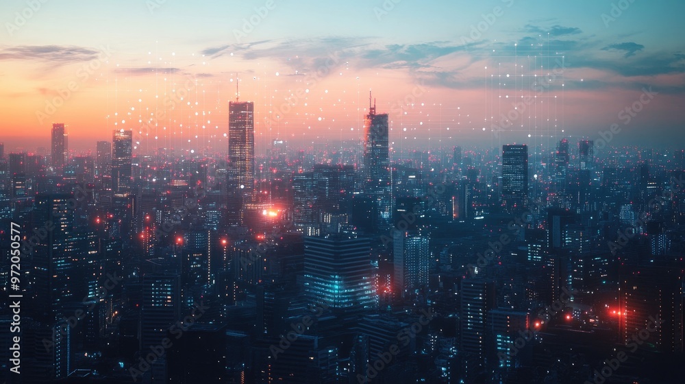 Fototapeta premium A panoramic view of a modern city skyline at sunset, with a network of glowing dots representing connectivity and digital communication.
