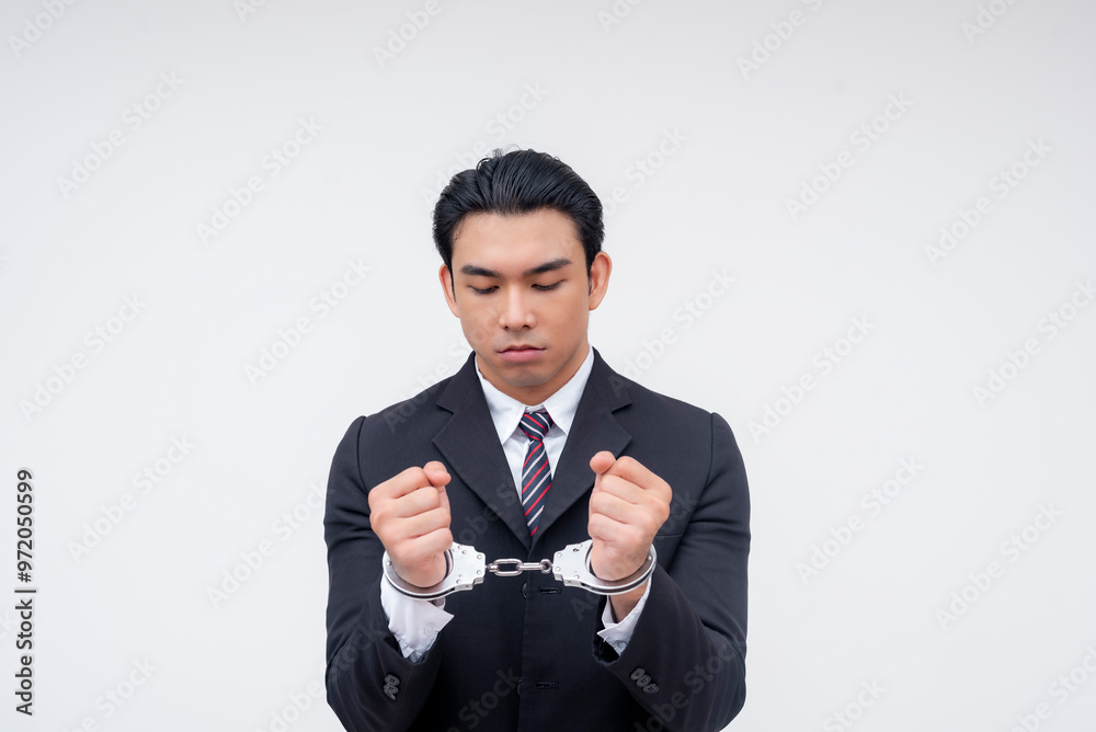 A sullen young asian business executive realizing his situation, detained and in handcuffs. Isolated on a white background. A sullen young asian business executive realizing his situation, detained and in handcuffs. Isolated on a white background.