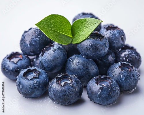 Close-up of fresh, juicy blueberries with dew drops and green leaves.