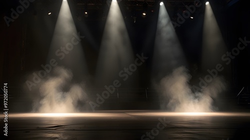 An empty concert stage illuminated by spotlights and smoke, creating a dramatic atmosphere with ample copy space for event promotion or announcements. Perfect for concert-related visuals. Copy Space