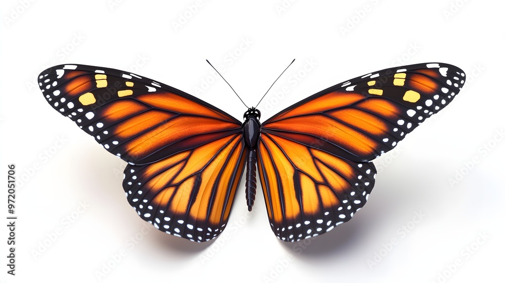 Obraz premium 1. A realistic 3D render of a colorful Monarch butterfly, wings spread wide, isolated on a pristine white background