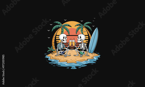 vector depicts two skeletons drinking beer on a tropical beach.