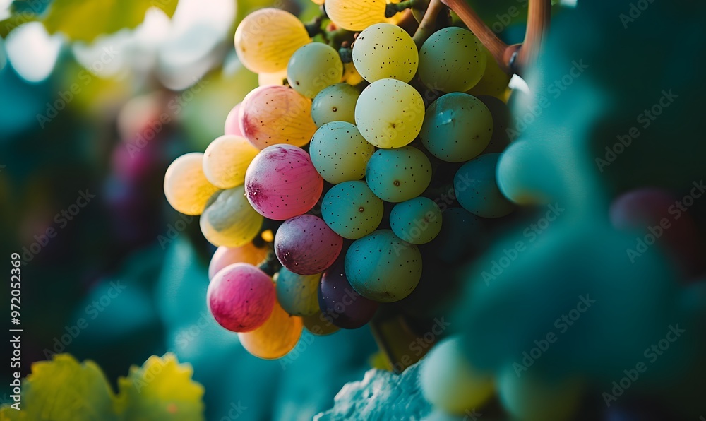 Bunch of Green and Pink Grapes Hanging from a Vine, Generative AI Bunch of Green and Pink Grapes Hanging from a Vine, Generative AI