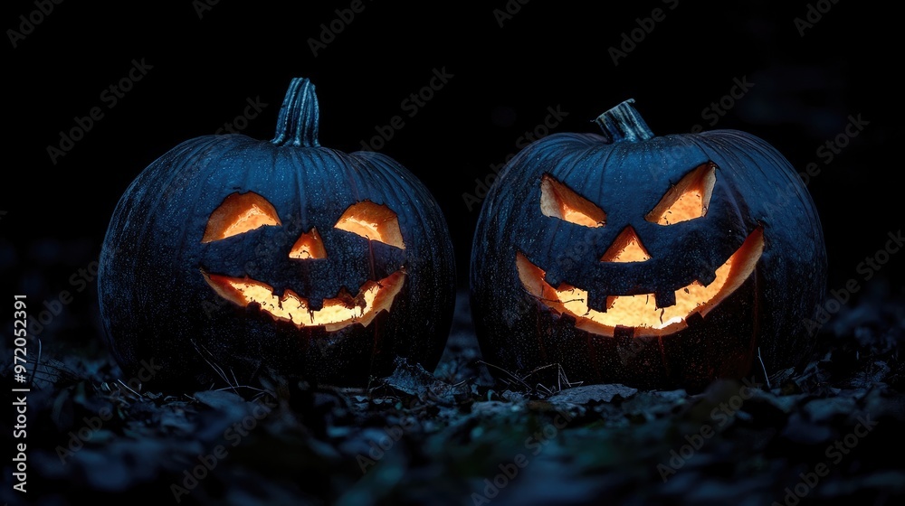 Two glowing jack-o'-lanterns with carved faces sit on the ground surrounded by leaves in the darkness. Two glowing jack-o'-lanterns with carved faces sit on the ground surrounded by leaves in the darkness.
