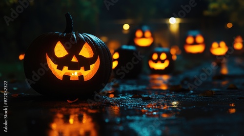 A row of glowing jack-o'-lanterns with spooky faces line a wet walkway on a foggy Halloween night.