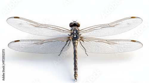 3. A lifelike 3D render of a translucent dragonfly with intricate wing patterns, isolated on a pristine white background