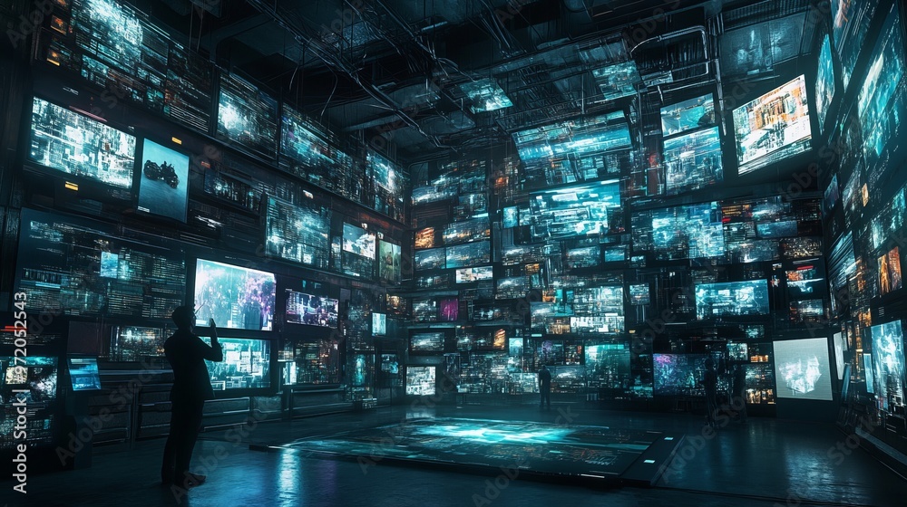 A man stands in a room surrounded by screens displaying data and information. A man stands in a room surrounded by screens displaying data and information.