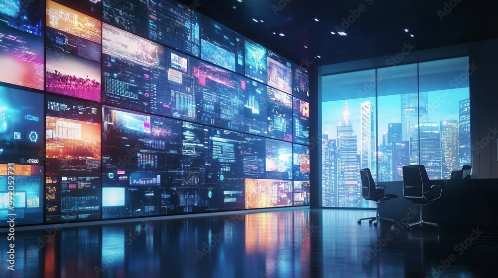 A modern office with a wall of screens displaying digital data and a cityscape view from the window. A modern office with a wall of screens displaying digital data and a cityscape view from the window.