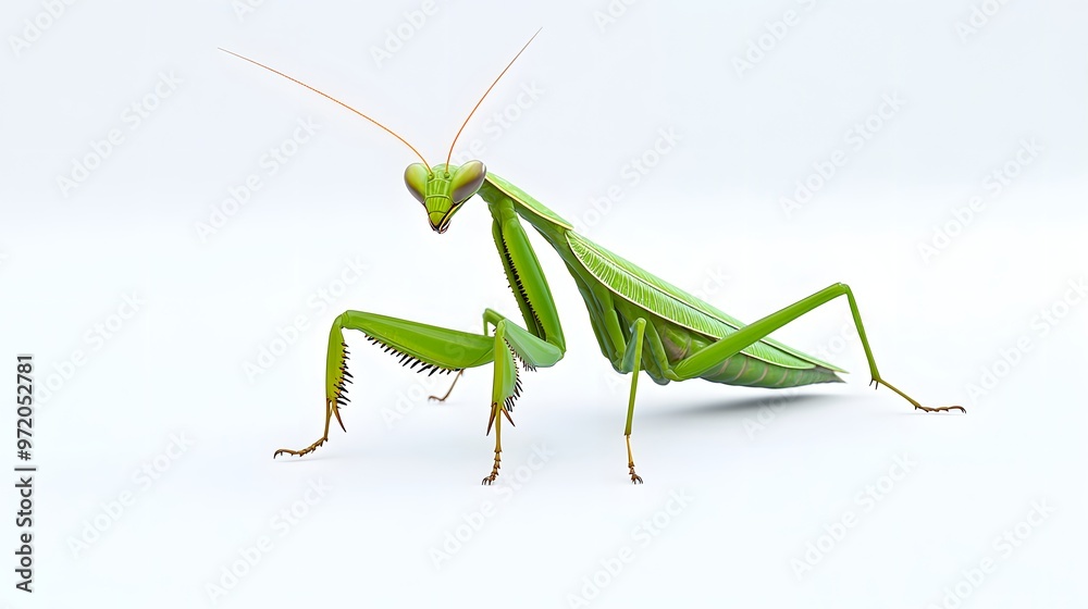 5. A realistic 3D render of a vibrant green praying mantis in a natural pose, isolated on a pristine white background 5. A realistic 3D render of a vibrant green praying mantis in a natural pose, isolated on a pristine white background