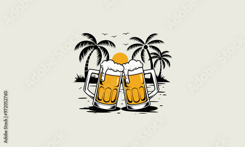 two beer mugs clinking together on a tropical beach.