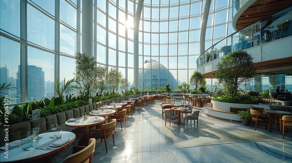 The rooftop sky garden restaurant of the office building with a dome shaped glass curtain at the top and a large number of green. Generative AI. The rooftop sky garden restaurant of the office building with a dome shaped glass curtain at the top and a large number of green. Generative AI.