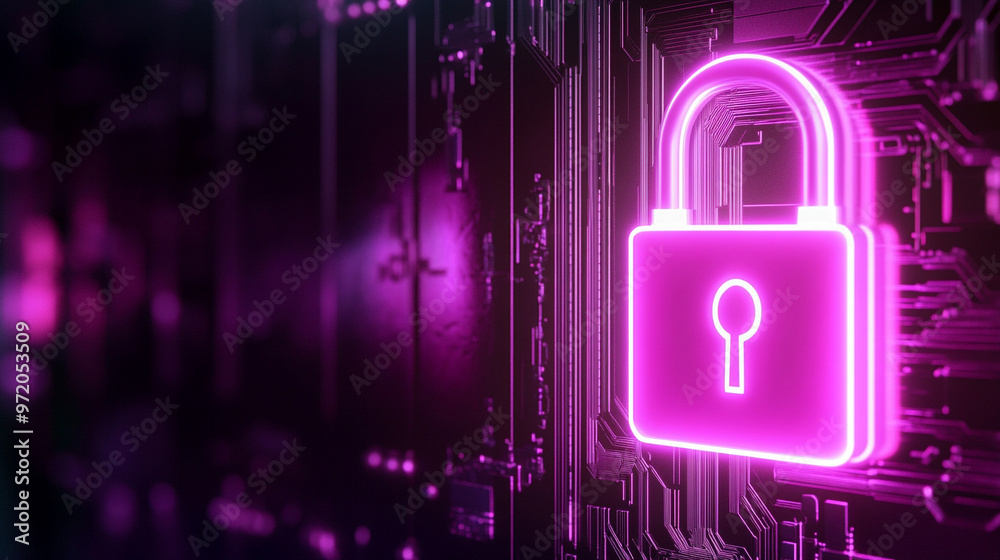 glowing neon lock symbol shines on a dark digital background, representing security, protection, and encryption in a modern, technological context glowing neon lock symbol shines on a dark digital background, representing security, protection, and encryption in a modern, technological context