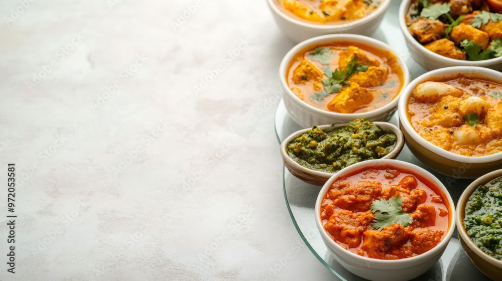 An assortment of Indian curries in white bowls with a green chutney, on a white background. An assortment of Indian curries in white bowls with a green chutney, on a white background.