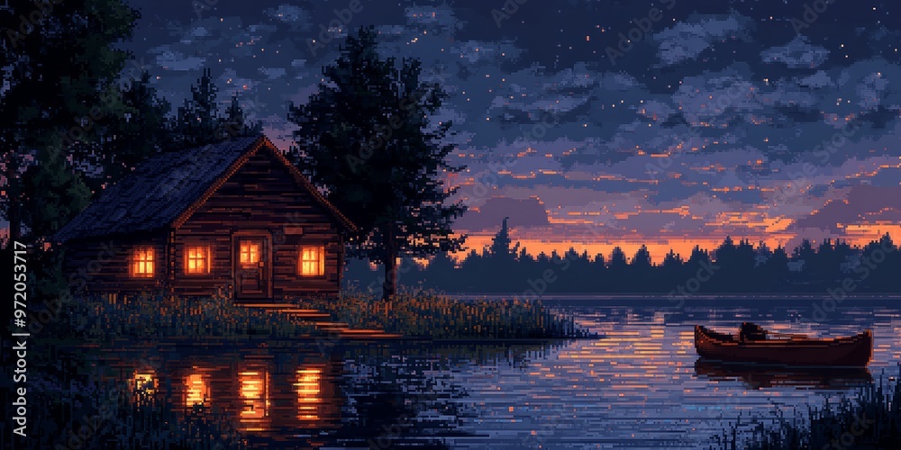 Obraz premium Serene Cabin by the Lake at Dusk with Starry Sky and Rowboat