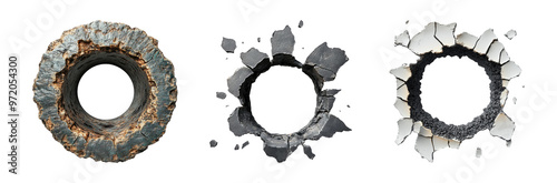 Set of Three Realistic Broken Wall Effects on Transparent Background