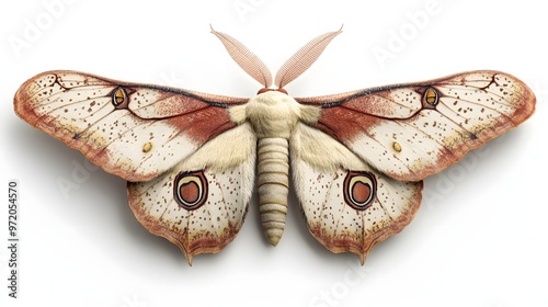 12. A realistic 3D render of a silk moth with detailed textures and patterns, isolated on a pristine white background