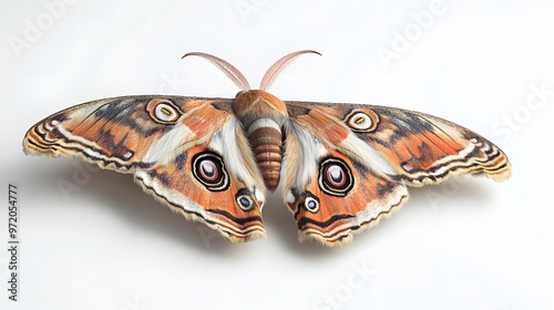 12. A realistic 3D render of a silk moth with detailed textures and patterns, isolated on a pristine white background