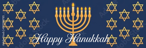 Elegant Hanukkah Design with Menorah, Golden Stars, and Warm Blue Background