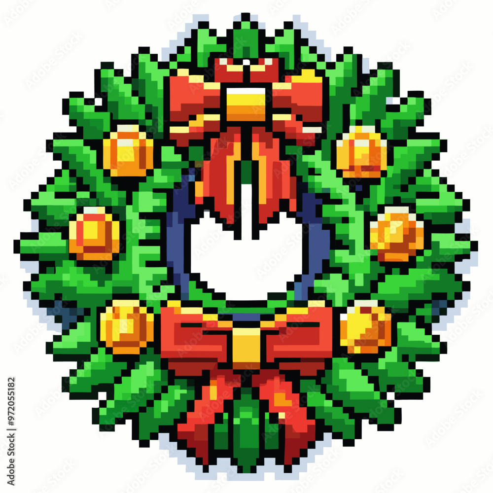 Pixel Art Christmas Wreath with Red Bows and Ornaments on White Background Pixel Art Christmas Wreath with Red Bows and Ornaments on White Background