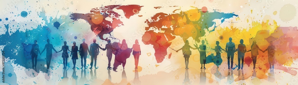 Team connecting ideas across a world map, global innovation, watercolor style Team connecting ideas across a world map, global innovation, watercolor style