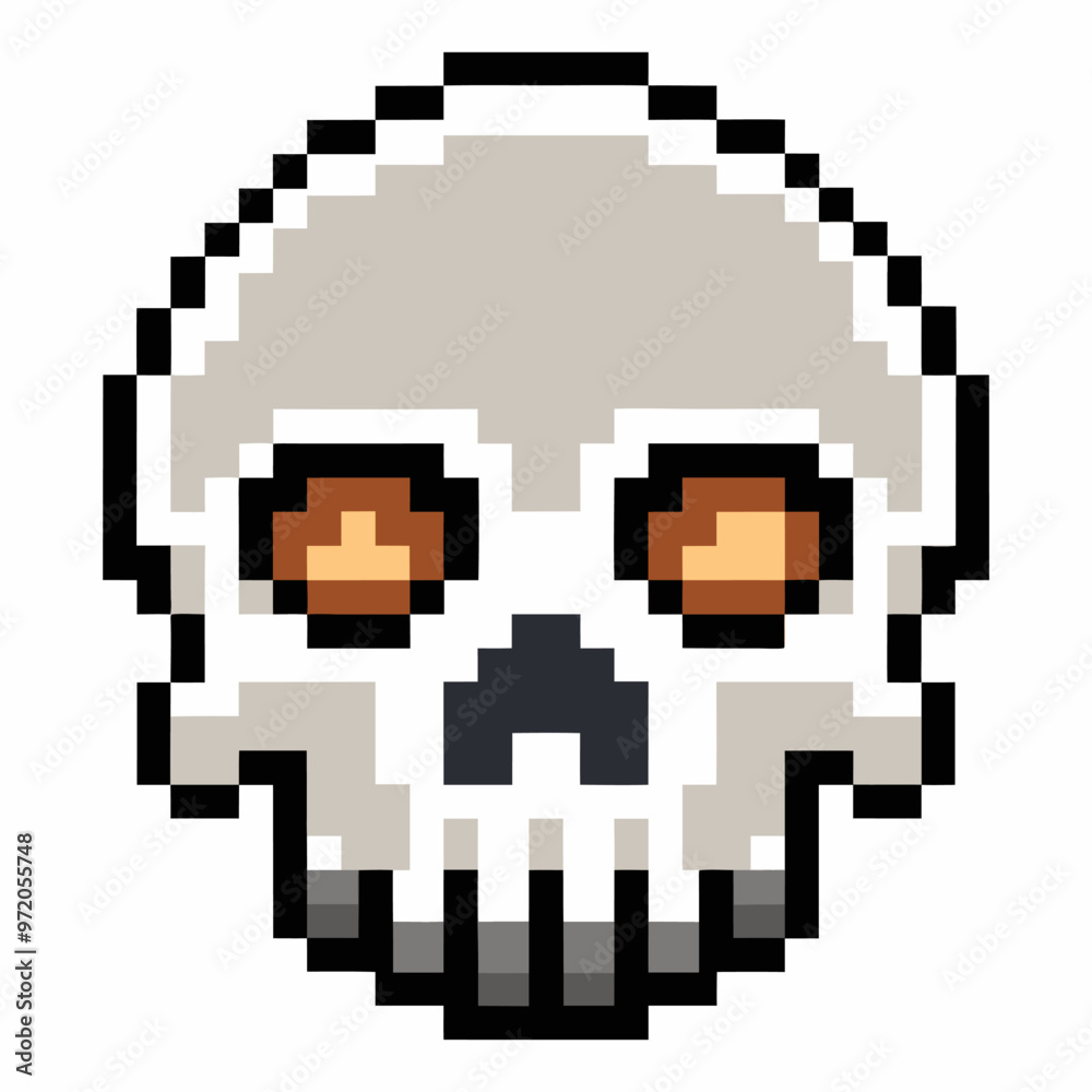 Fototapeta premium Pixel Art Skull with Orange Eyes for Retro Game Design and Halloween Themes