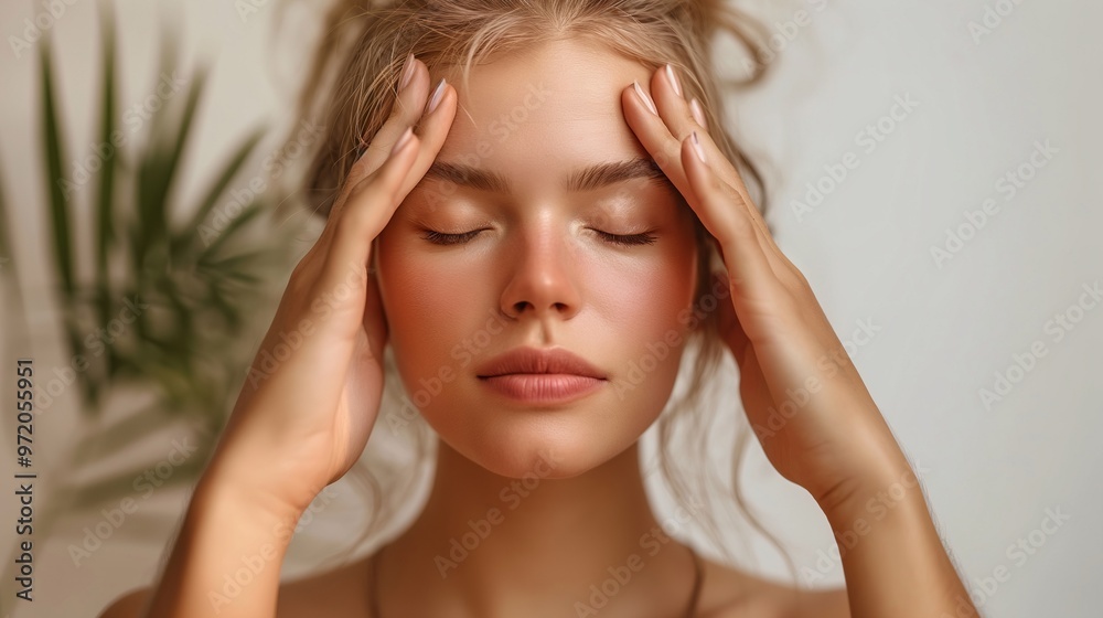 Fototapeta premium A young woman sits calmly at home, eyes closed and hands resting gently on her forehead, focusing on her breathing and finding tranquility in her surroundings - Generative AI