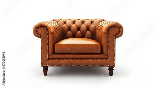 127. A realistic 3D render of a classic leather armchair with plush cushions, isolated on a pristine white background