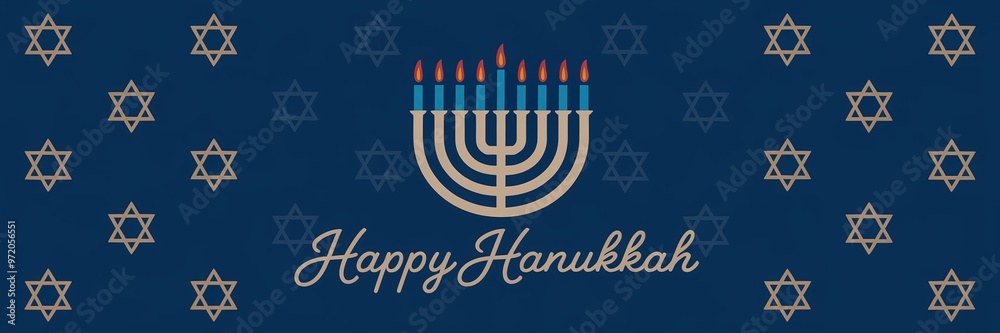 Elegant Hanukkah Design with Menorah, Golden Stars, and Warm Blue Background Elegant Hanukkah Design with Menorah, Golden Stars, and Warm Blue Background