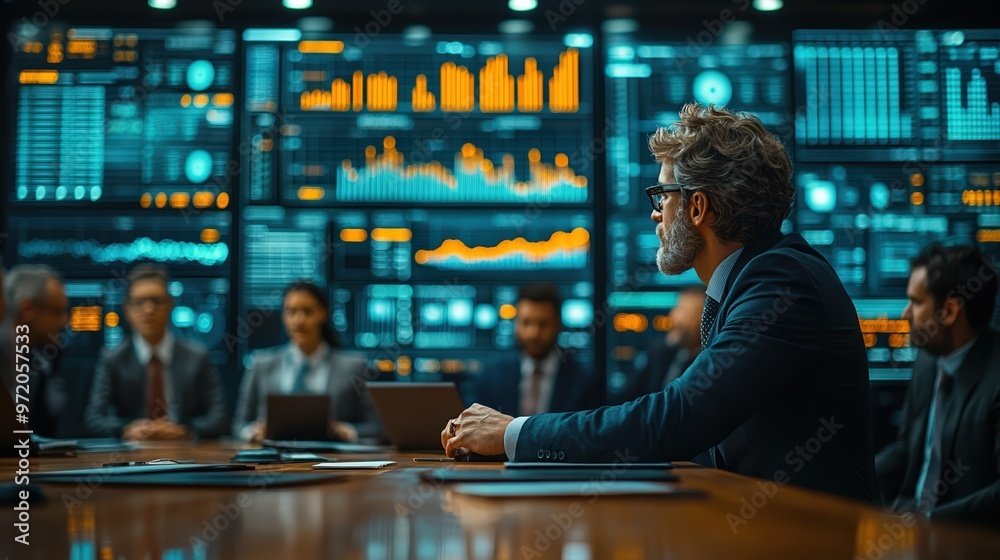 Business executives analyzing data on large digital screens during a corporate meeting in a high-tech office environment. Business executives analyzing data on large digital screens during a corporate meeting in a high-tech office environment.