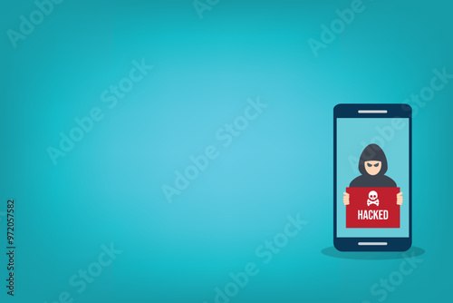 Hacker with hacked note on mobile phone , stealing confidential data, personal information and credit card detail. Hacking concept.	