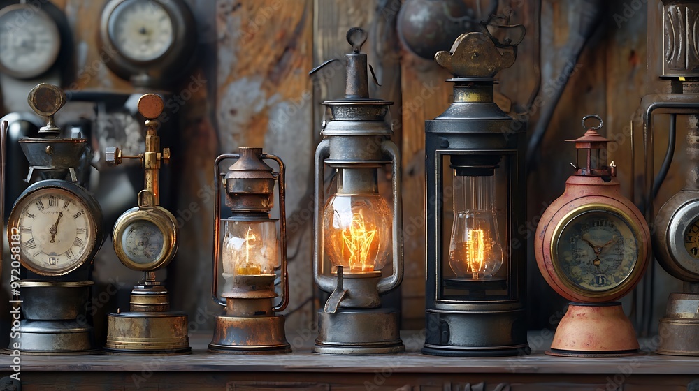 Antique Lanterns and Clocks on Wooden Shelf Antique Lanterns and Clocks on Wooden Shelf