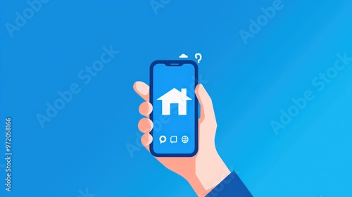 Wallpaper Mural Hand holding smartphone with house icon on blue background, real estate app concept. Home technology and home security technology for digital property management services Torontodigital.ca
