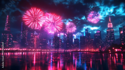 A Fourth of July celebration with a barbecue, neon fireworks illuminating the night sky, holographic American flags in the background, Cyberpunk, Digital Art, cool and vibrant colors