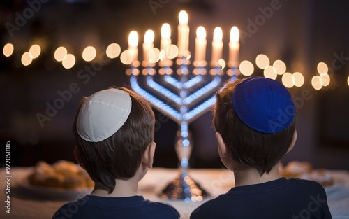 Children Gazing at Lit Menorah with Doughnuts in a Warm, Festive Setting photo