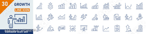 Growth line icon set. Set of 30 outline icons related to growth, performance, gain, improvement, increase, evolution, development and others. Growth outline icons collection. Vector illustration.