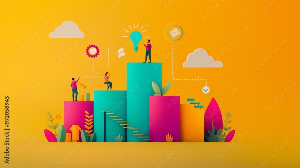 Fototapeta premium Colorful illustration showing teamwork and growth, depicting people on ascending blocks with symbols of ideas and success.