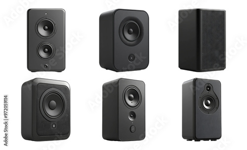 Collection of Modern Black Audio Speakers on Transparent Background