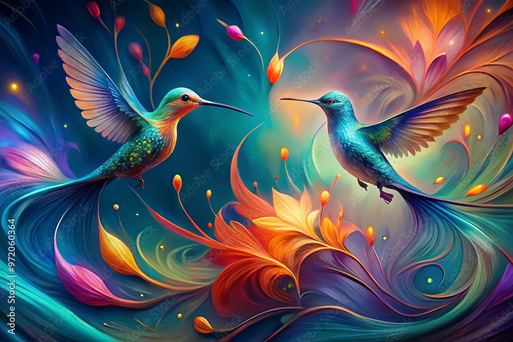 Vibrant blue-green wisps swirl amidst iridescent purples, orange and pink hues dance, delicate petal-like shapes morph into hummingbird forms, fluid strokes evoke wind-blown movement.